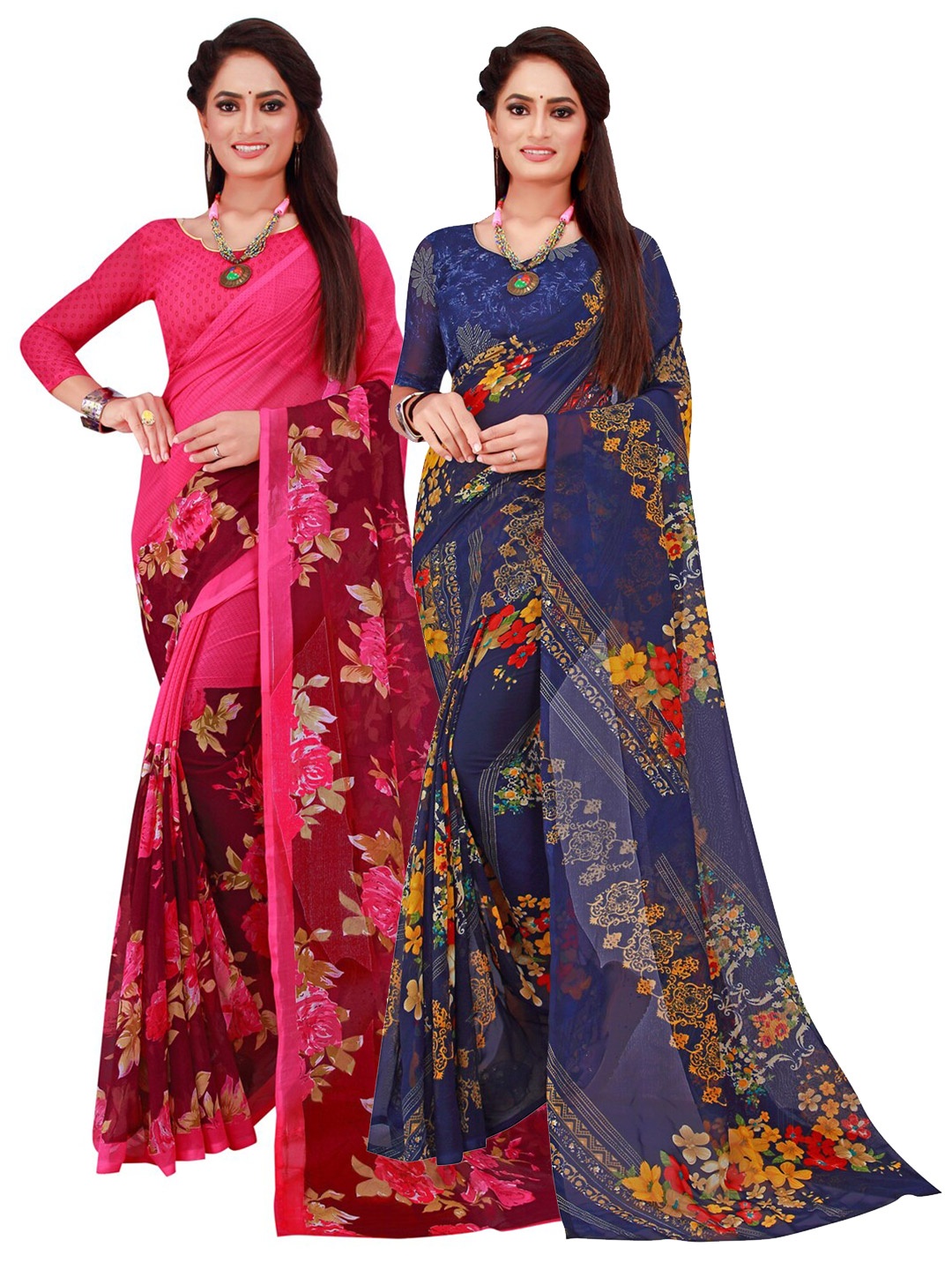 

SAADHVI Set Of 2 Navy Blue & Pink Floral Pure Georgette Saree