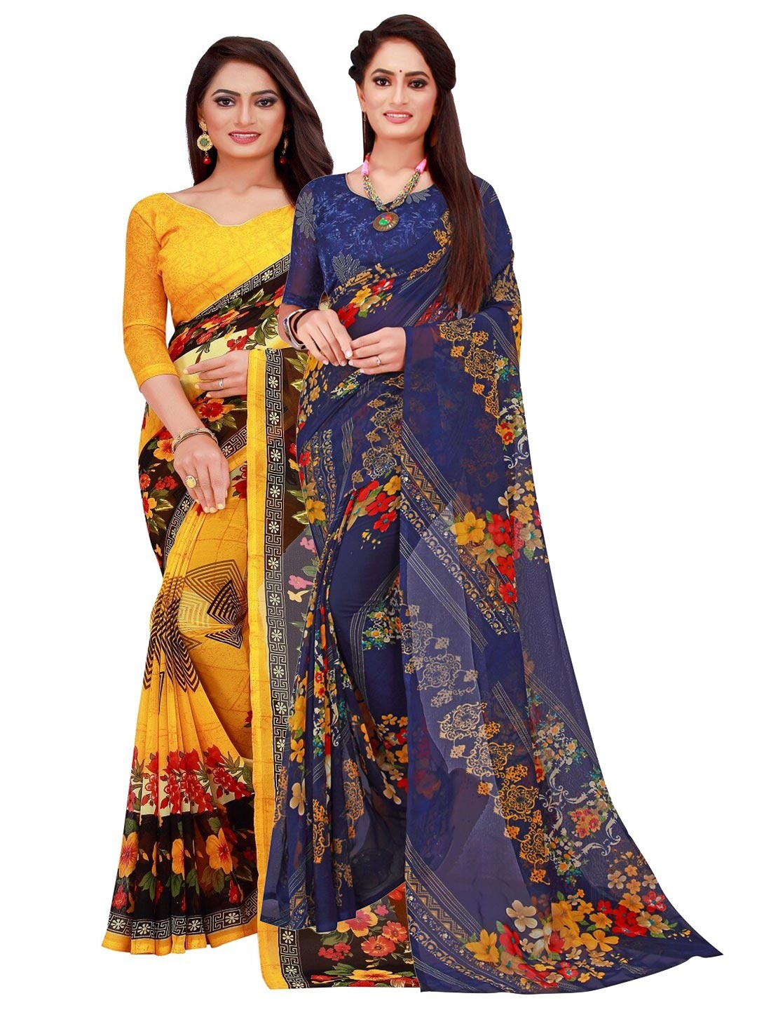 

SAADHVI Set Of 2 Yellow & Navy Blue Floral Pure Georgette Saree