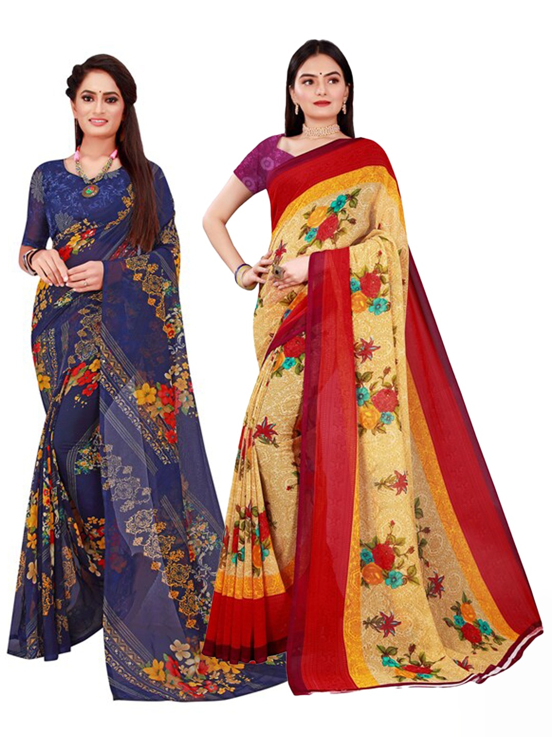 

SAADHVI Set Of 2 Beige & Navy Blue Floral Pure Georgette Saree