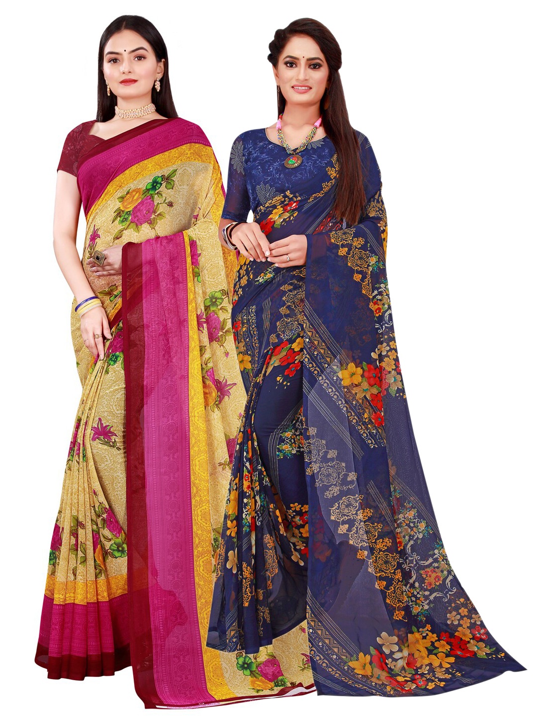 

SAADHVI Beige & Navy Blue Floral Pure Georgette Saree