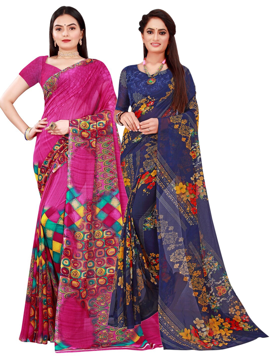

SAADHVI Set Of 2 Magenta & Navy Blue Floral Pure Georgette Saree