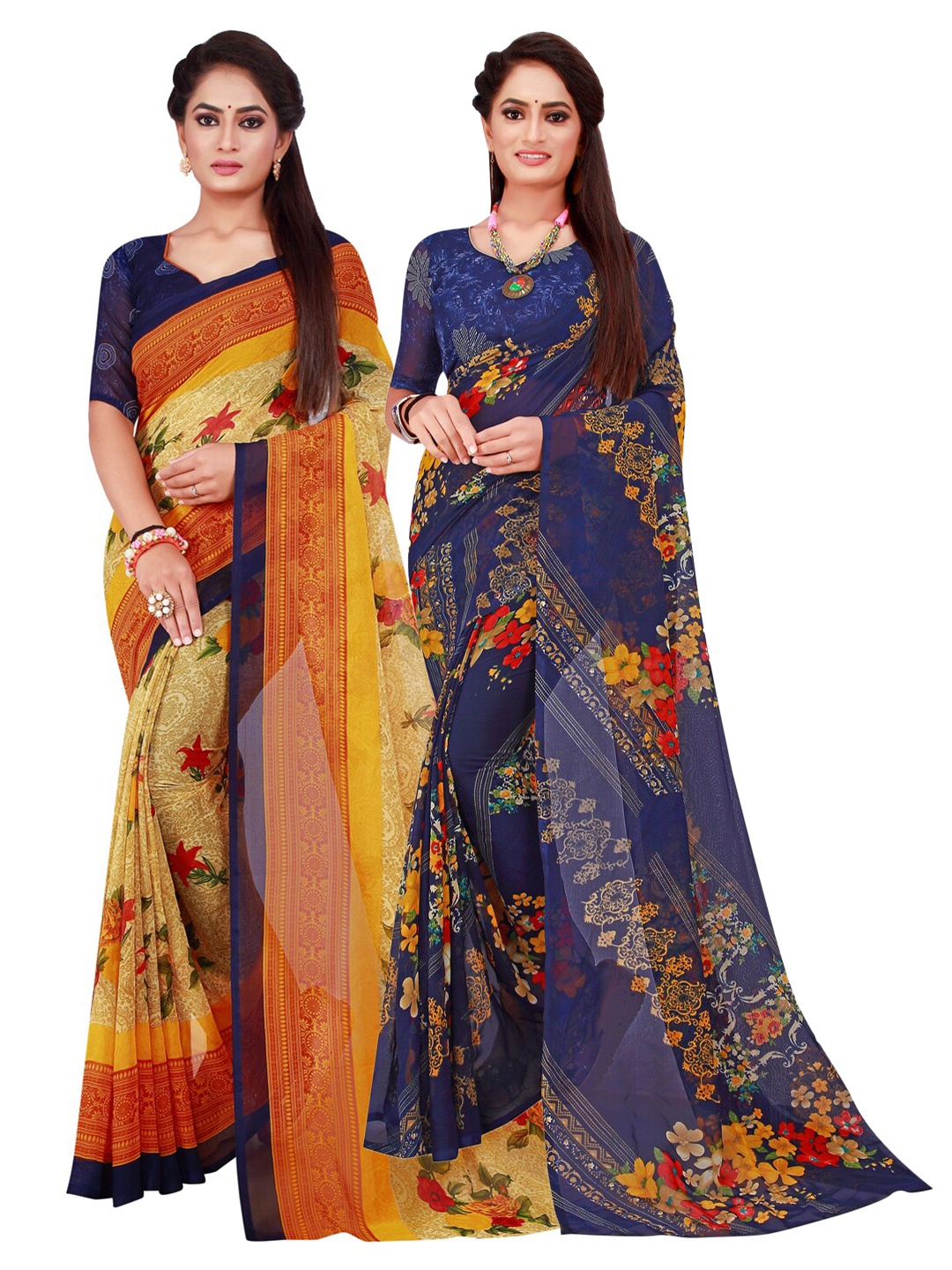 

SAADHVI Set Of 2 Navy Blue & Beige Floral Pure Georgette Saree