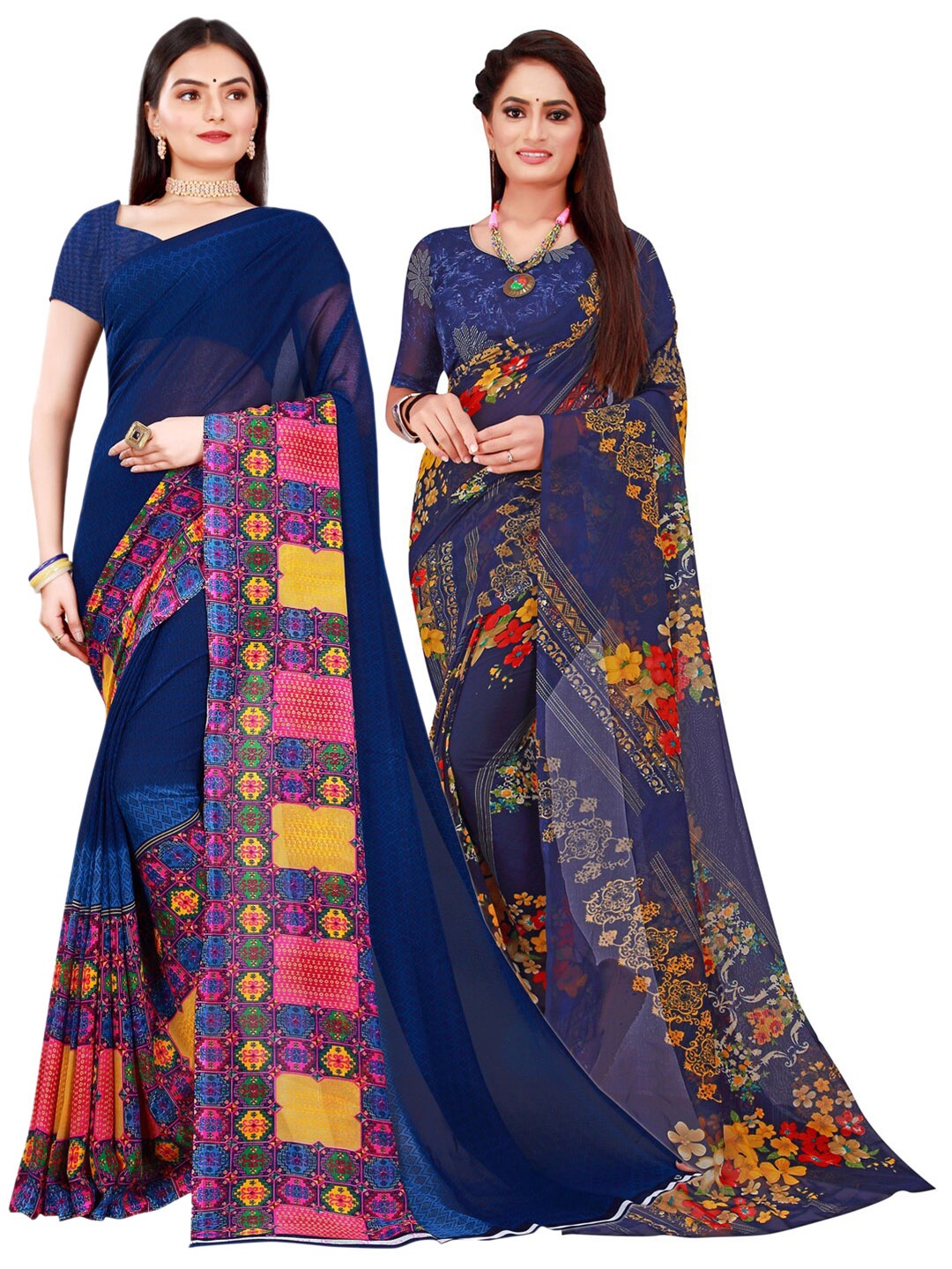 

SAADHVI Set Of 2 Navy Blue & Yellow Floral Pure Georgette Saree