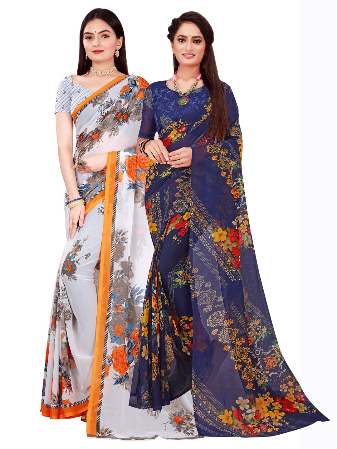 

SAADHVI Set Of 2 Navy Blue & White Floral Pure Georgette Saree