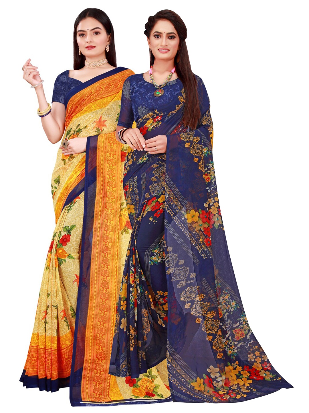 

SAADHVI Set Of 2 Beige & Navy Blue Floral Pure Georgette Saree