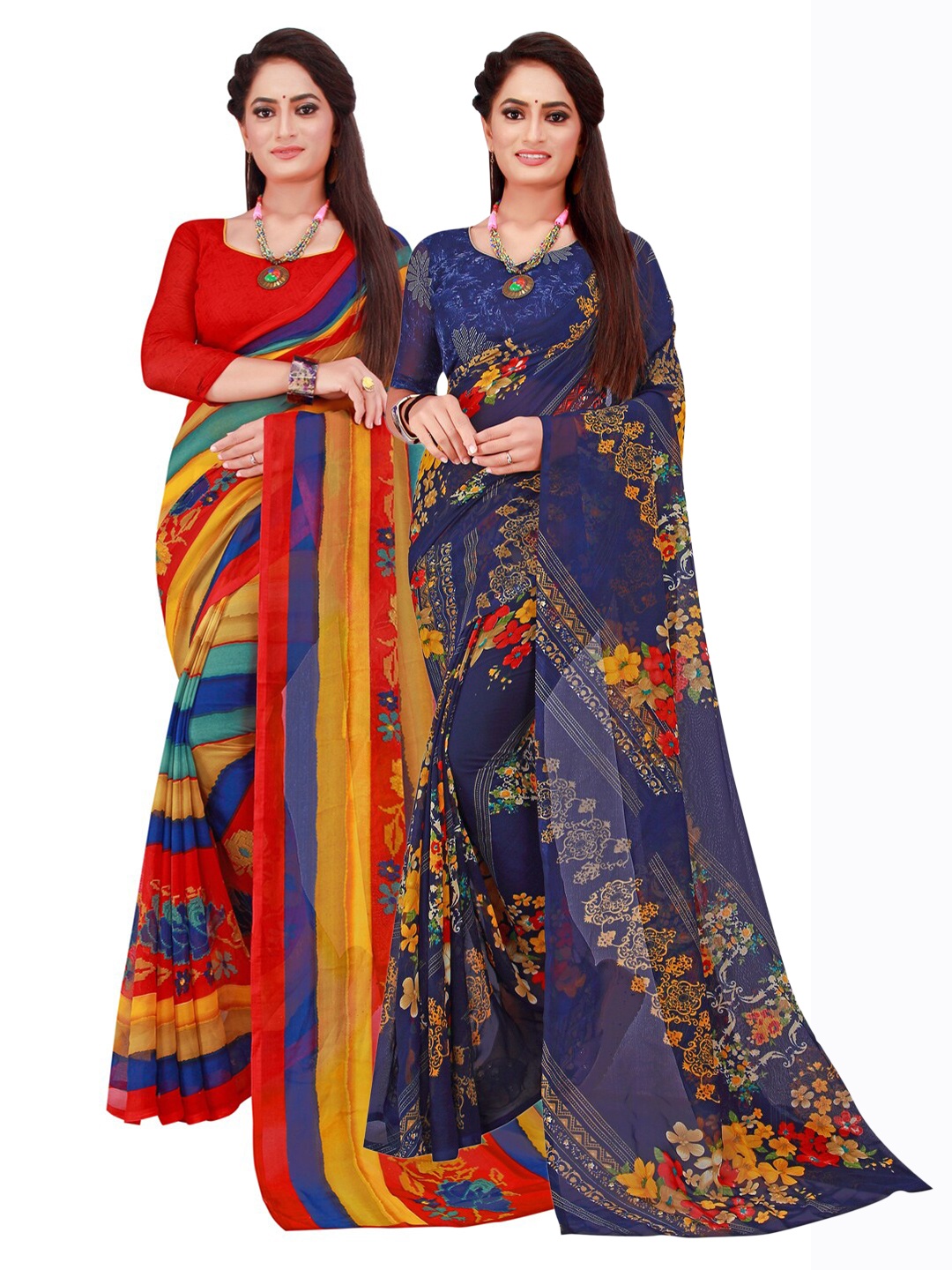 

SAADHVI Set Of 2 Navy Blue & Yellow Floral Pure Georgette Saree