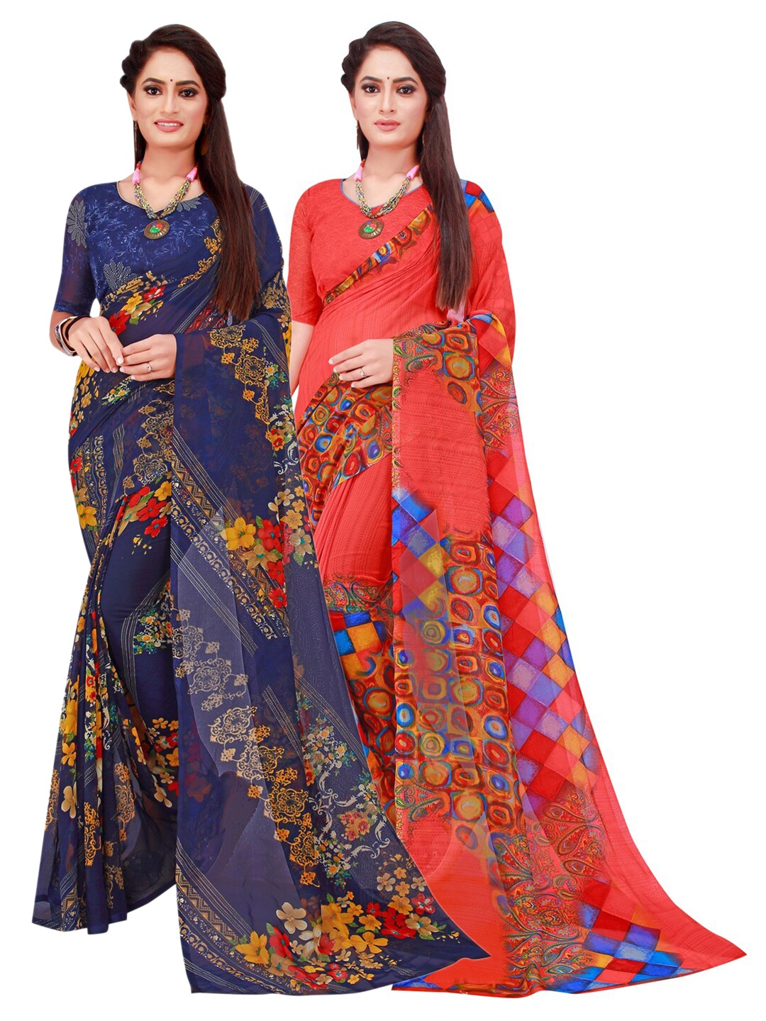 

SAADHVI Set Of 2 Navy Blue & Red Floral Pure Georgette Saree