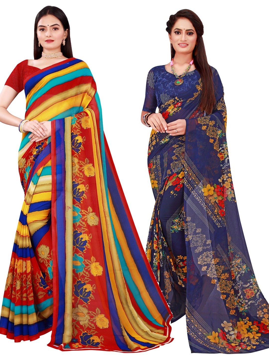 

SAADHVI Set Of 2Navy Blue & Red Floral Pure Georgette Saree, Navy blue