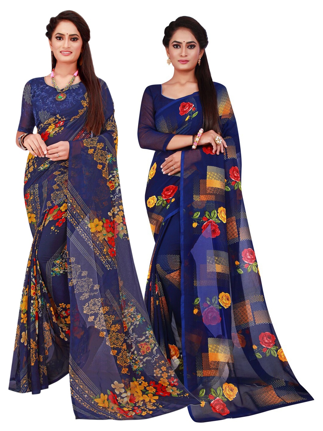 

SAADHVI Set Of 2 Navy Blue & Yellow Floral Pure Georgette Saree