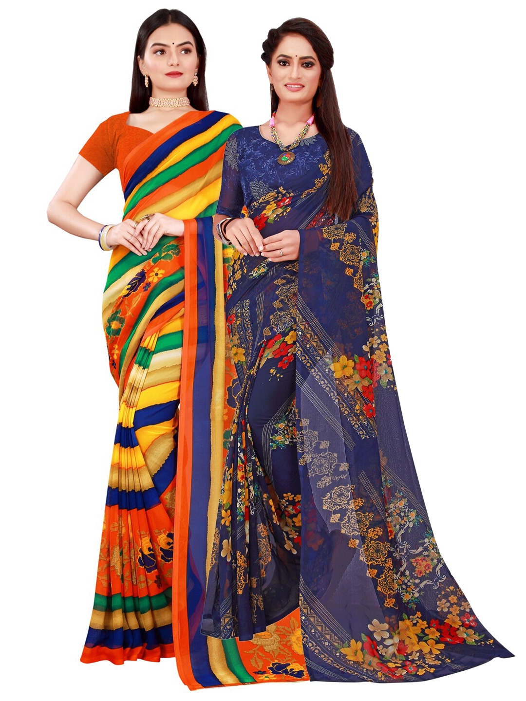 

SAADHVI Set Of 2 Navy Blue & Yellow Floral Pure Georgette Saree