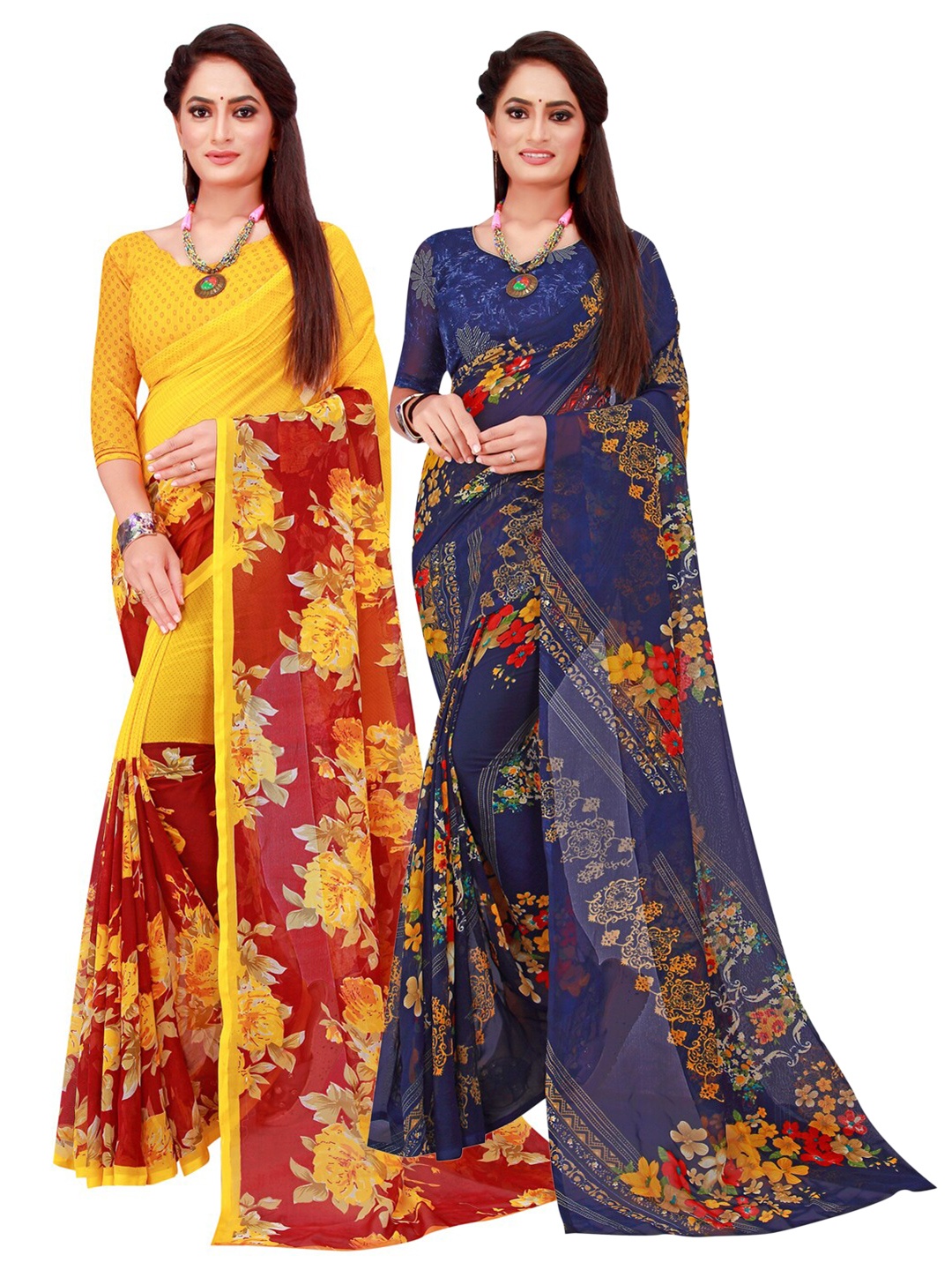 

SAADHVI Set Of 2 Navy Blue & Yellow Floral Pure Georgette Saree