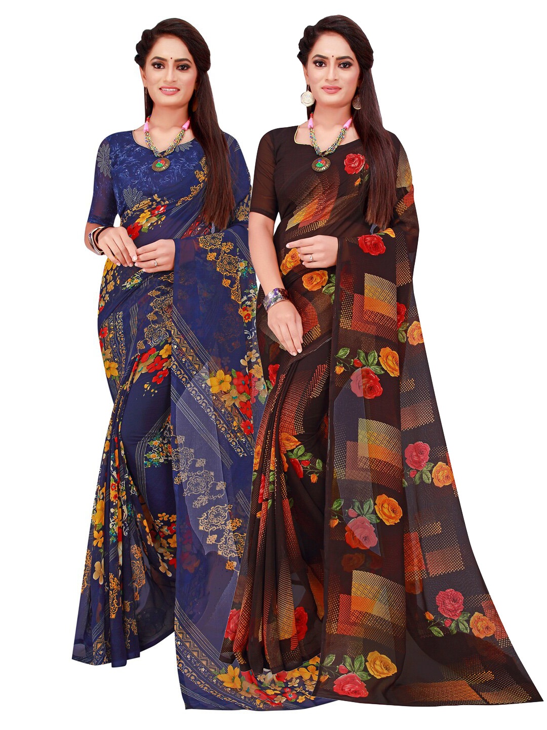 

SAADHVI Set Of 2 Navy Blue & Brown Floral Pure Georgette Saree