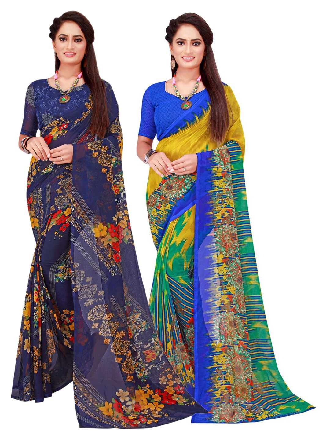 

SAADHVI Pack of 2 Navy Blue & Yellow Pure Georgette Saree