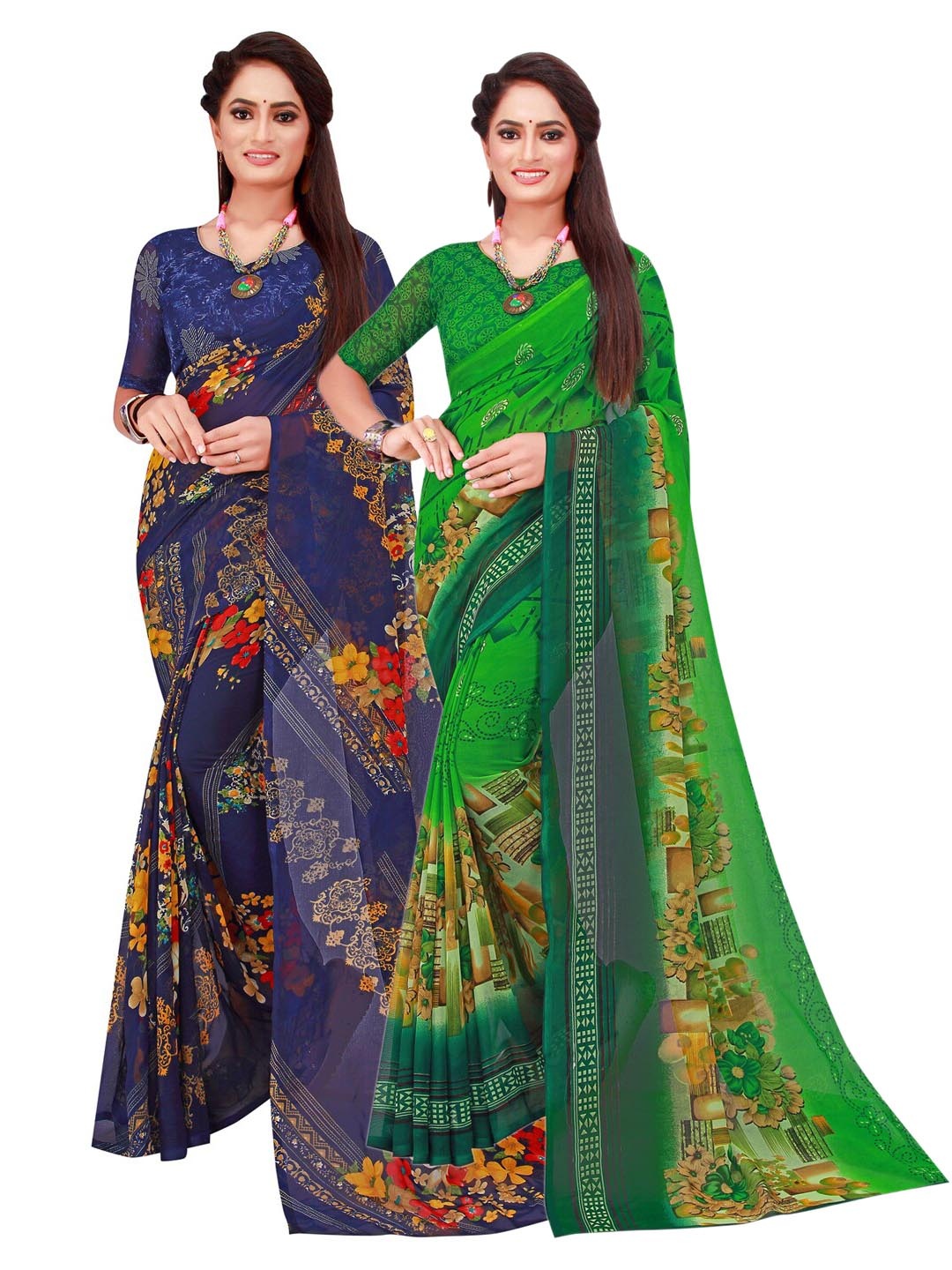 

SAADHVI Pack of 2 Navy Blue & Green Pure Georgette Saree