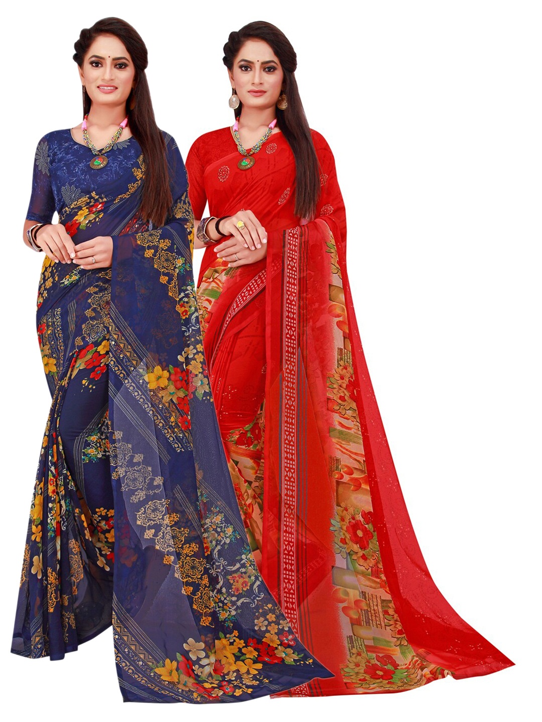 

SAADHVI Pack of 2 Navy Blue & Red Pure Georgette Saree