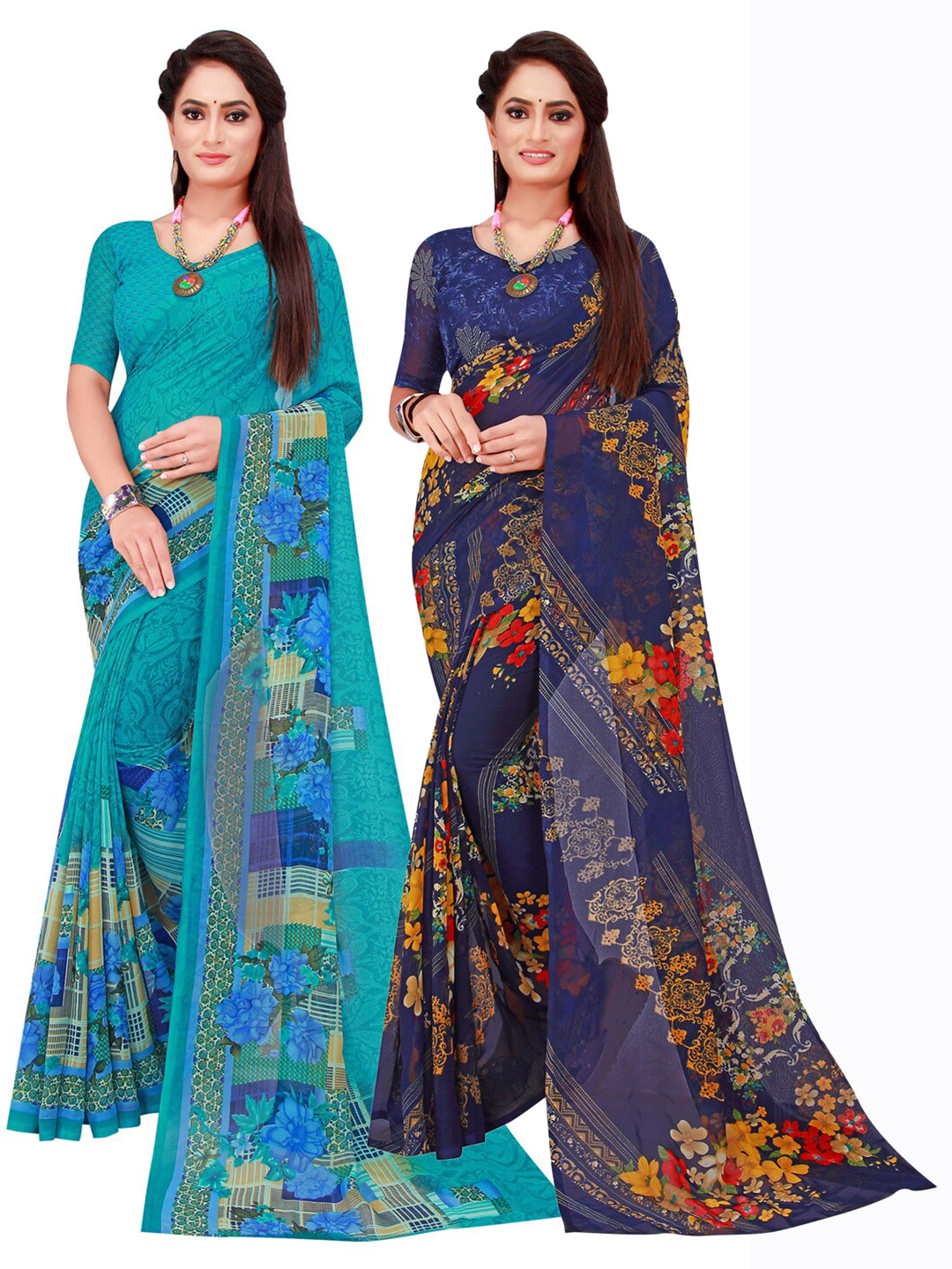 

SAADHVI Turquoise Blue & Navy Blue Pack of 2 Floral Pure Georgette Saree