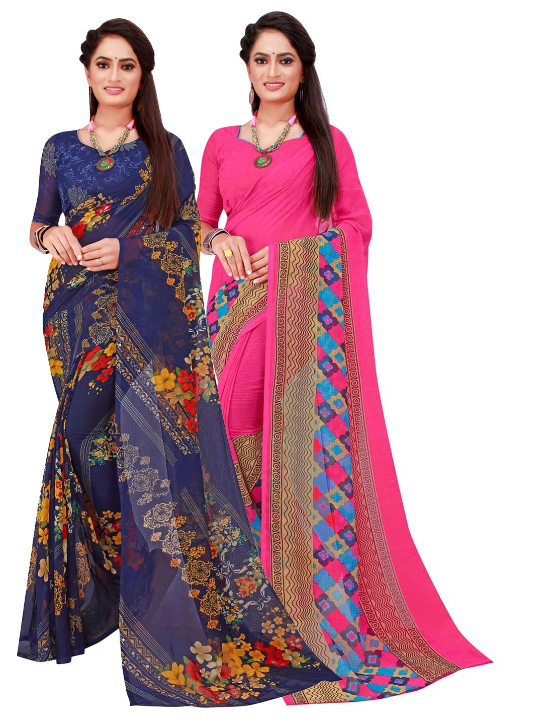 

SAADHVI Pack of 2 Pink & Navy Blue Pure Georgette Saree