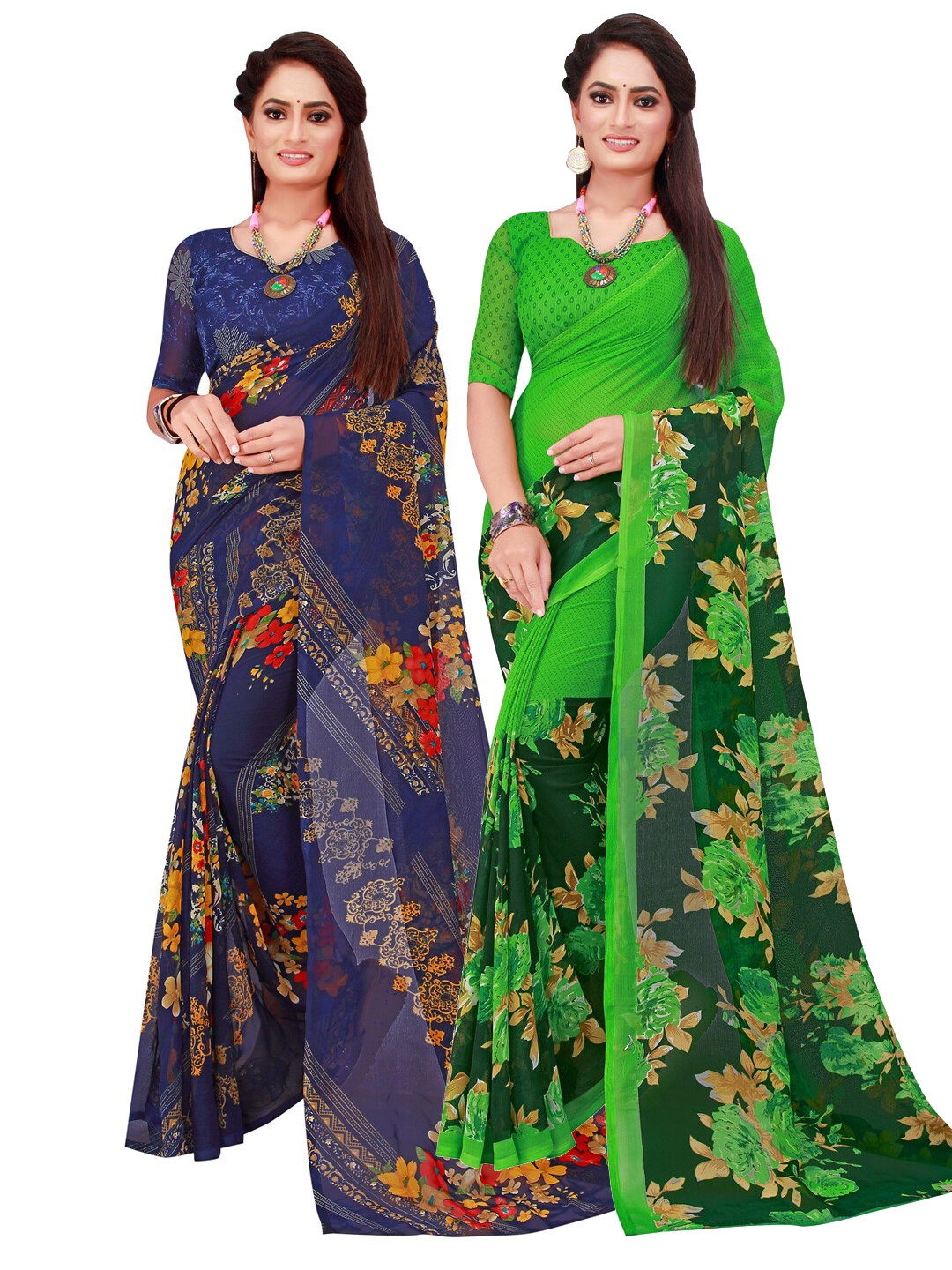 

SAADHVI Pack of 2 Navy Blue & Green Pure Georgette Saree