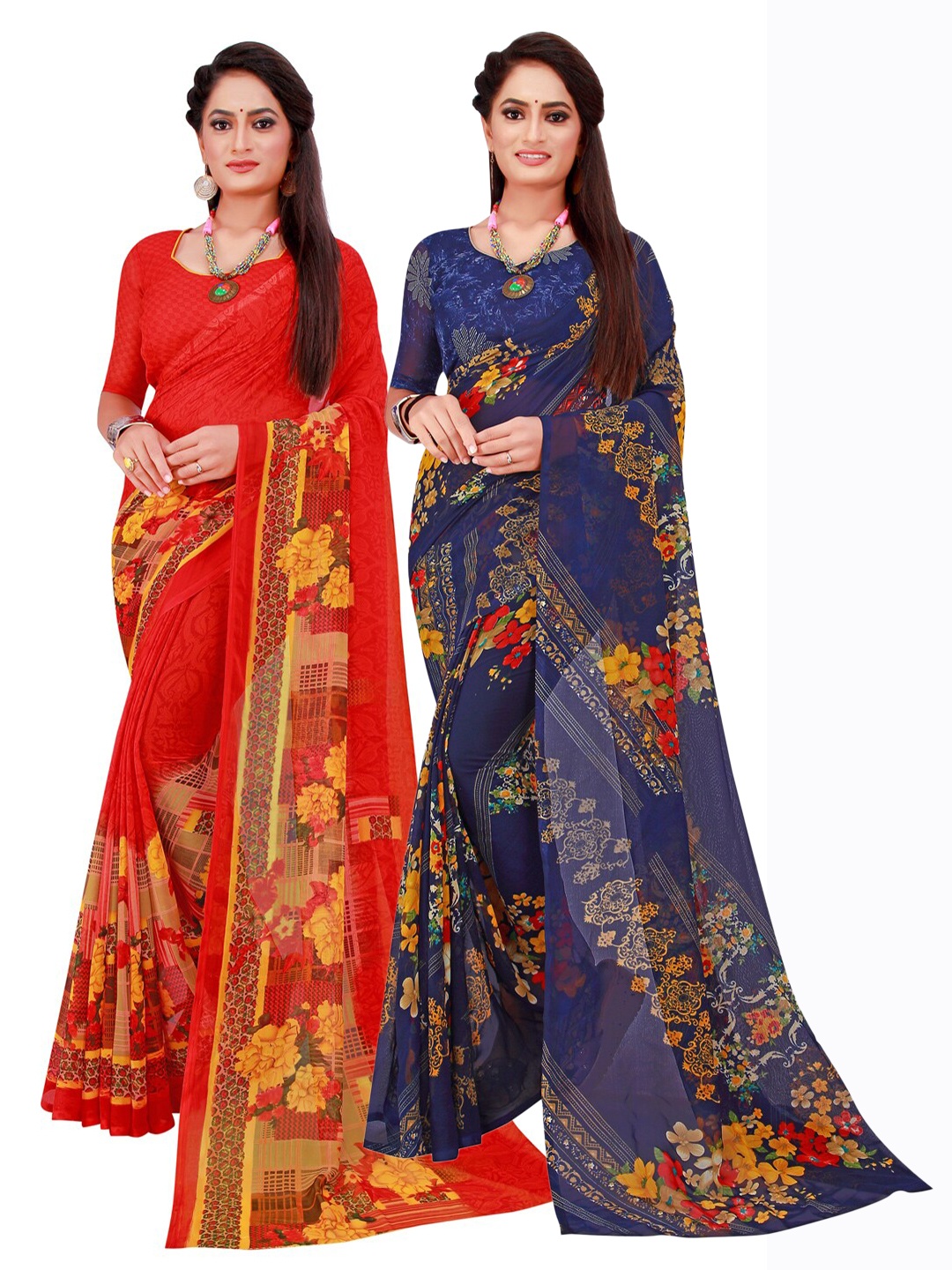 

SAADHVI Pack of 2 Red & Navy Blue Pure Georgette Saree