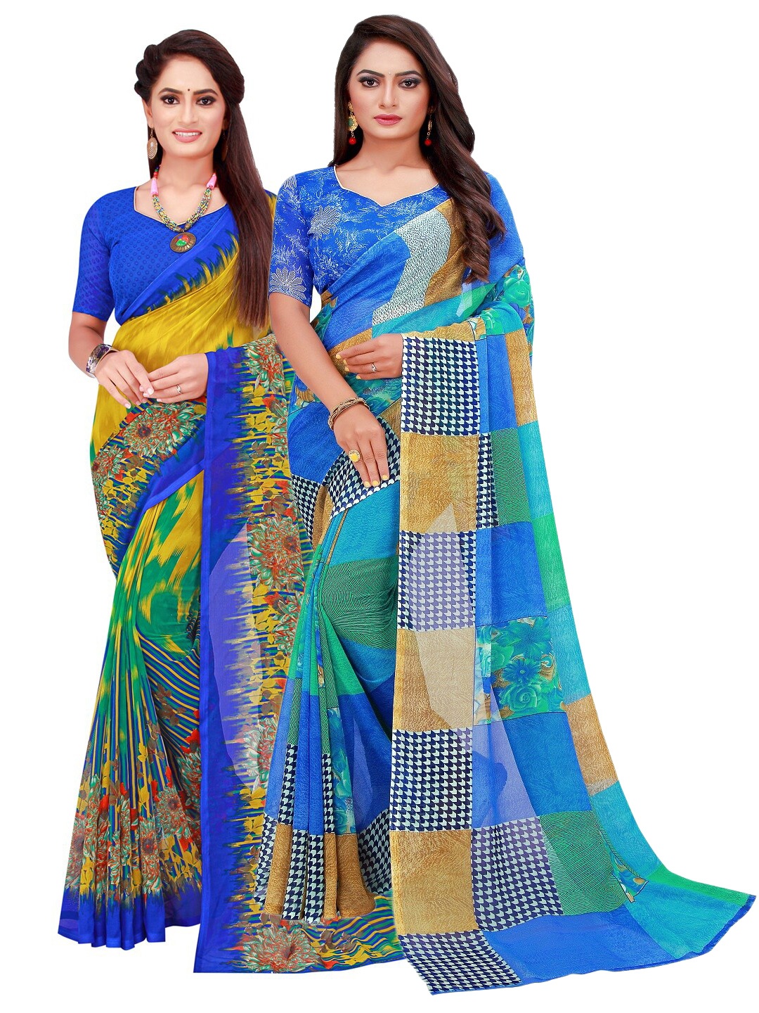 

SAADHVI Pack of 2 Blue & Yellow Pure Georgette Saree