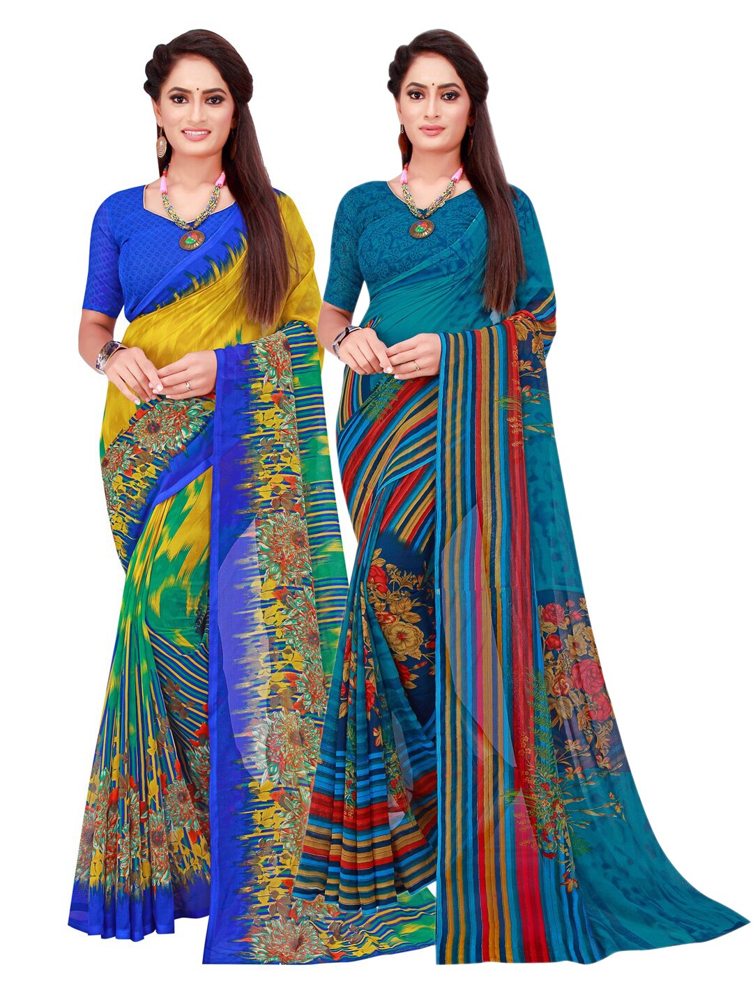 

SAADHVI Pack of 2 Yellow & Blue Pure Georgette Saree