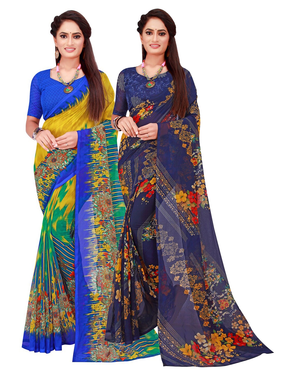 

SAADHVI Pack of 2 Yellow & Navy Blue Pure Georgette Saree