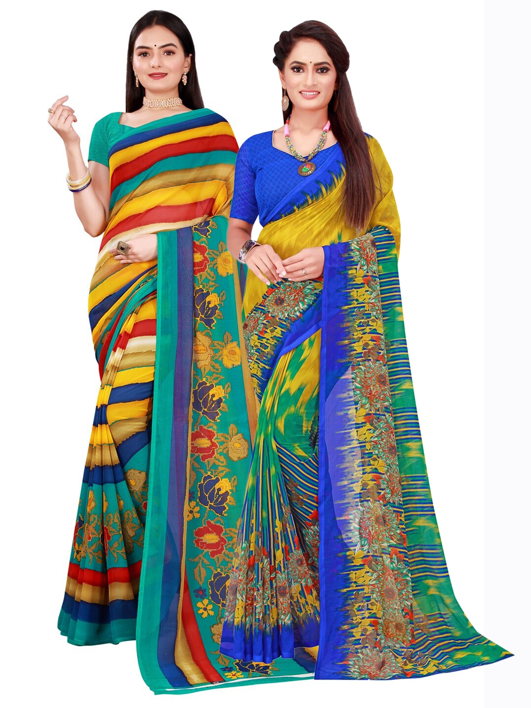 

SAADHVI Pack of 2 Yellow & Turquoise Blue Pure Georgette Saree