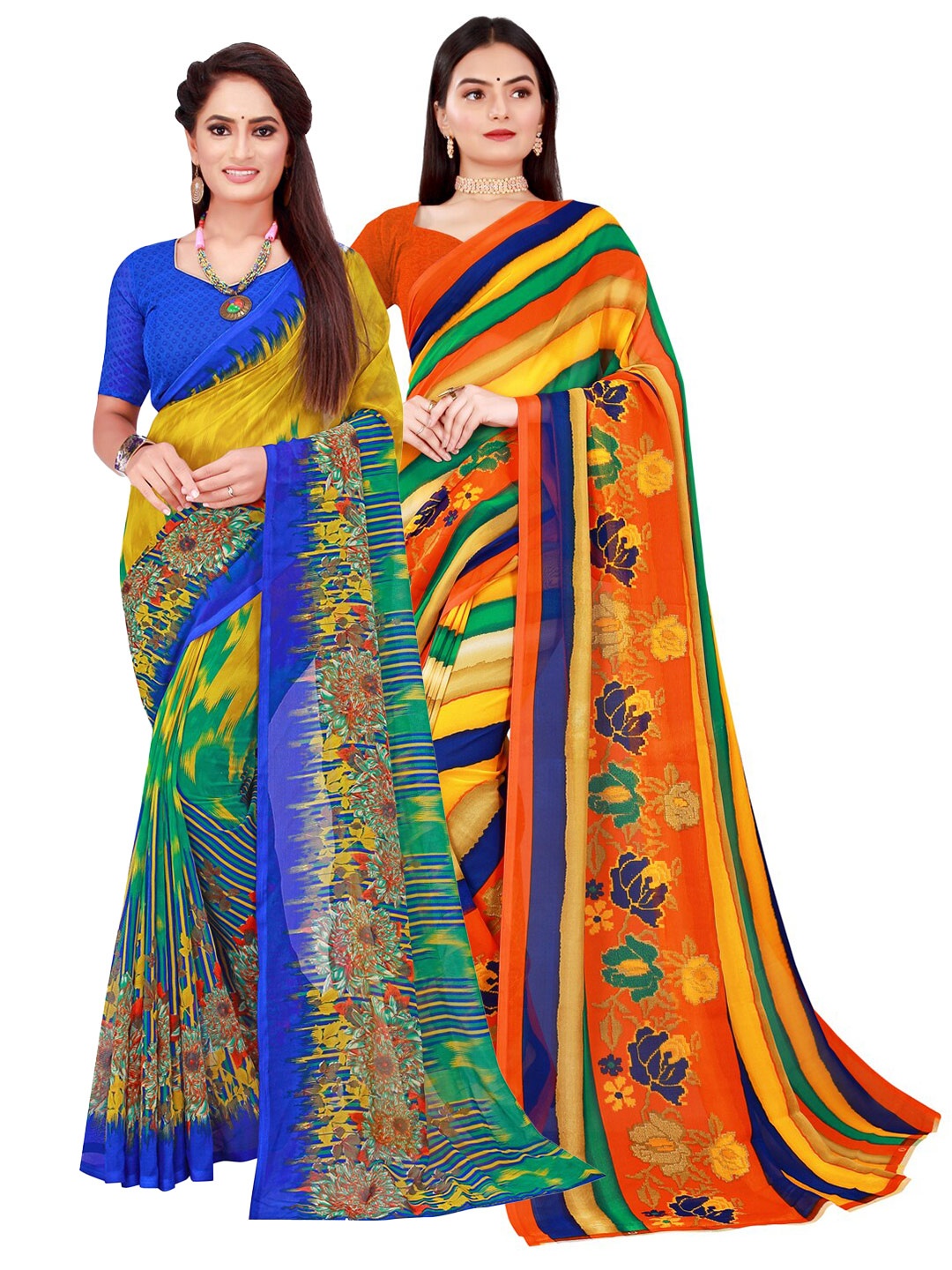 

SAADHVI Pack of 2 Yellow & Orange Pure Georgette Saree