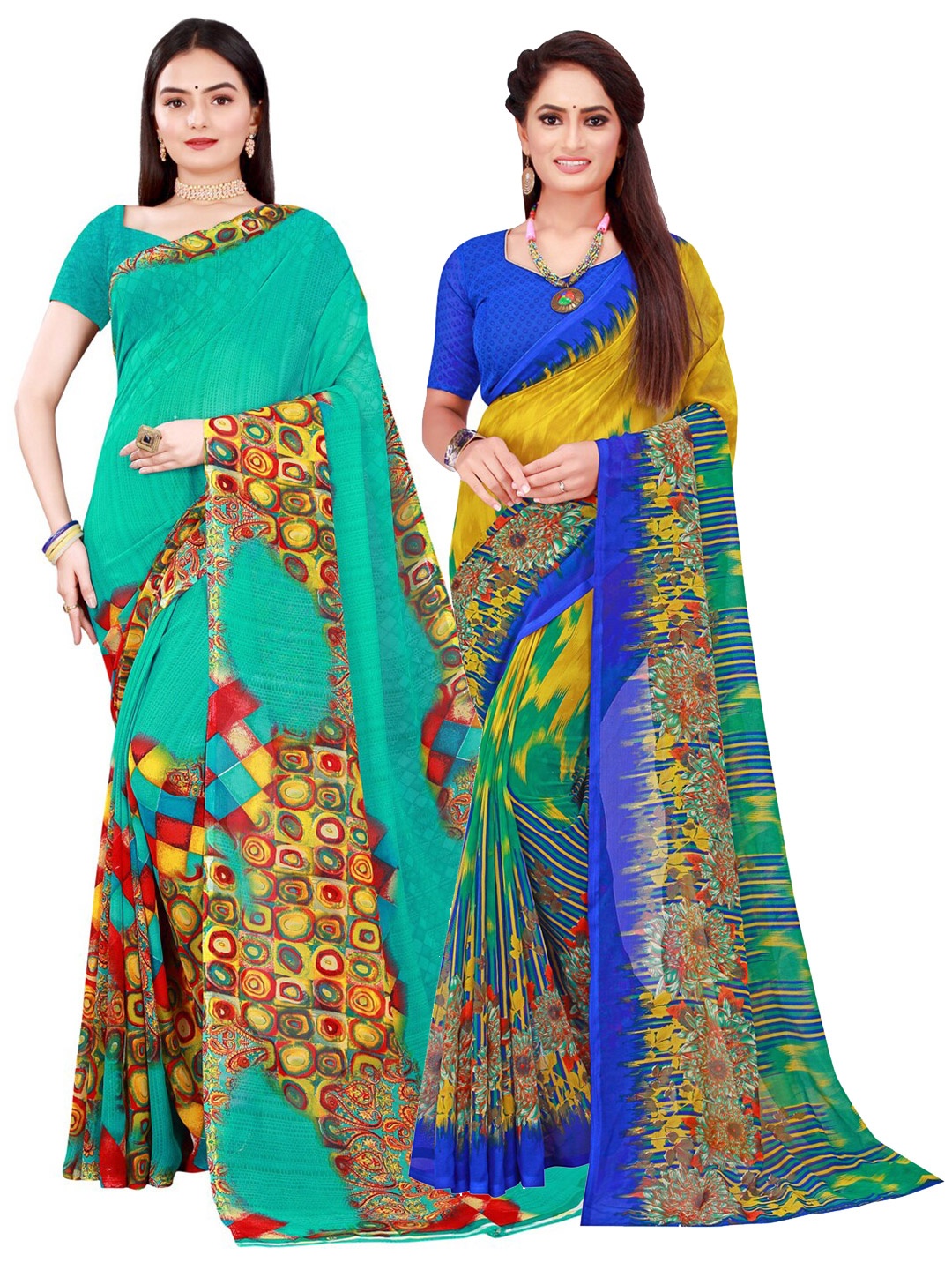 

SAADHVI Pack of 2 Turquoise Blue & Yellow Pure Georgette Saree