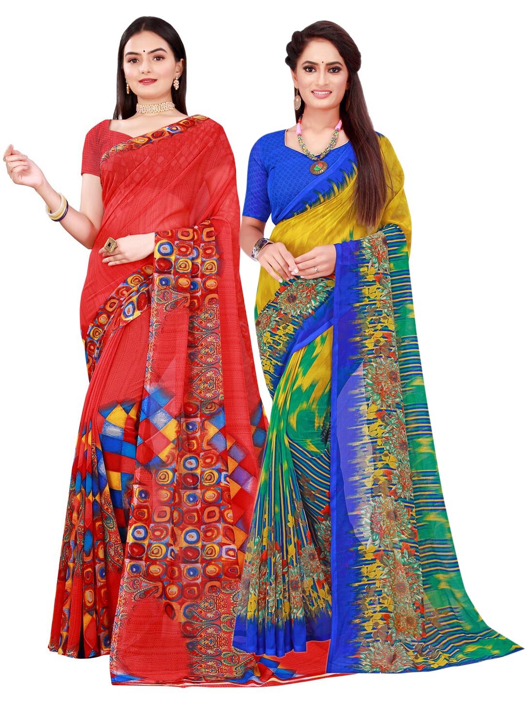 

SAADHVI Pack of 2 Red & Yellow Pure Georgette Saree