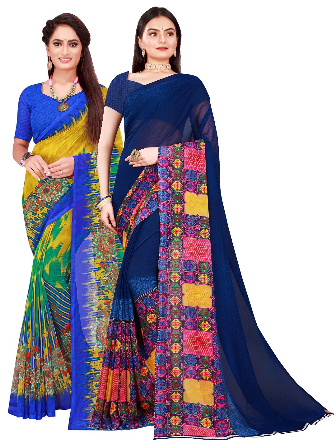 

SAADHVI Set Of 2 Navy Blue & Yellow Floral Pure Georgette Saree