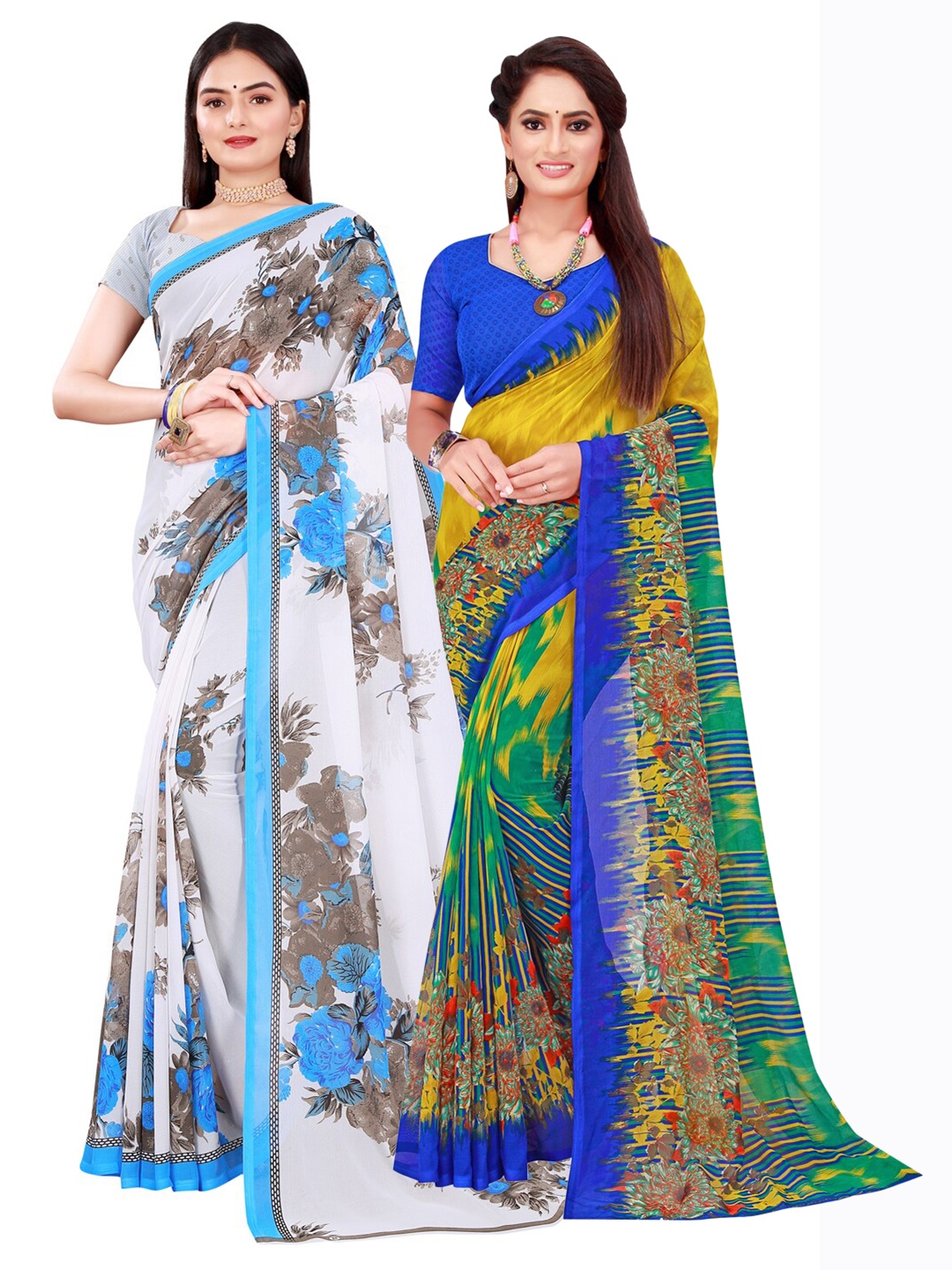 

SAADHVI Pack of 2 White & Yellow Pure Georgette Saree