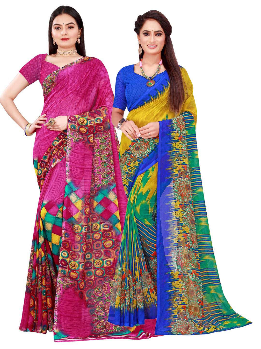 

SAADHVI Pack of 2 Pink & Yellow Pure Georgette Saree