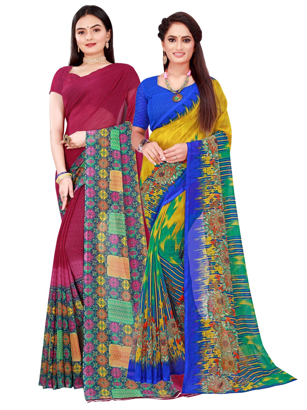 

SAADHVI Pack of 2 Maroon & Yellow Pure Georgette Saree