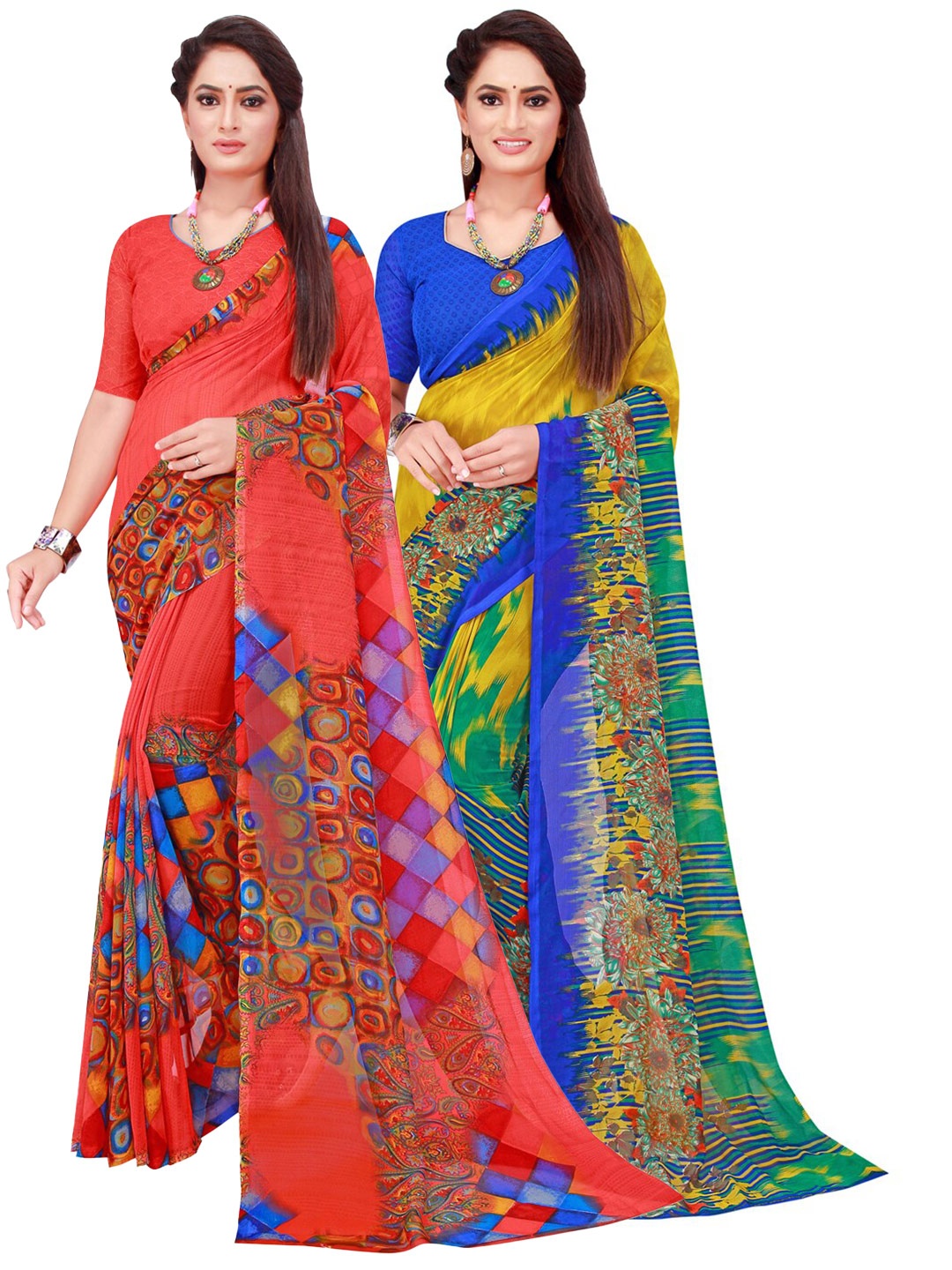 SAADHVI Pack of 2 Orange & Yellow Pure Georgette Saree