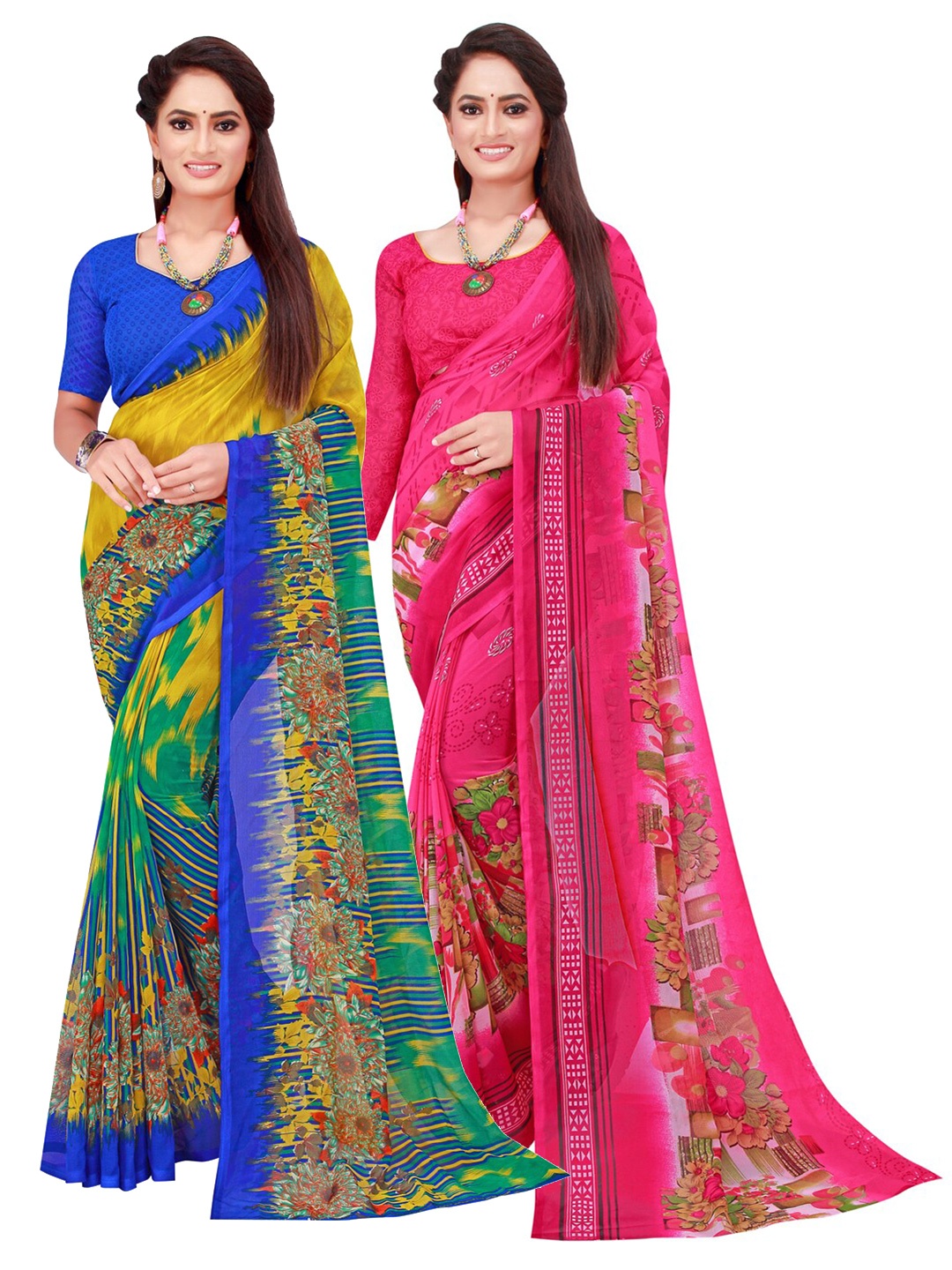 

SAADHVI Pack of 2 Yellow & Pink Pure Georgette Saree