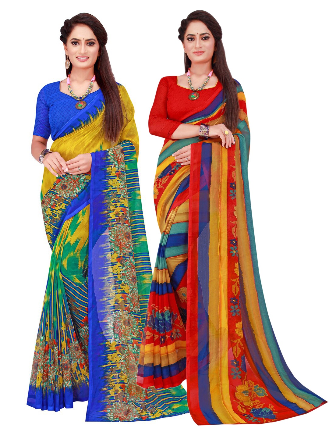 

SAADHVI Pack of 2 Yellow & Red Pure Georgette Saree