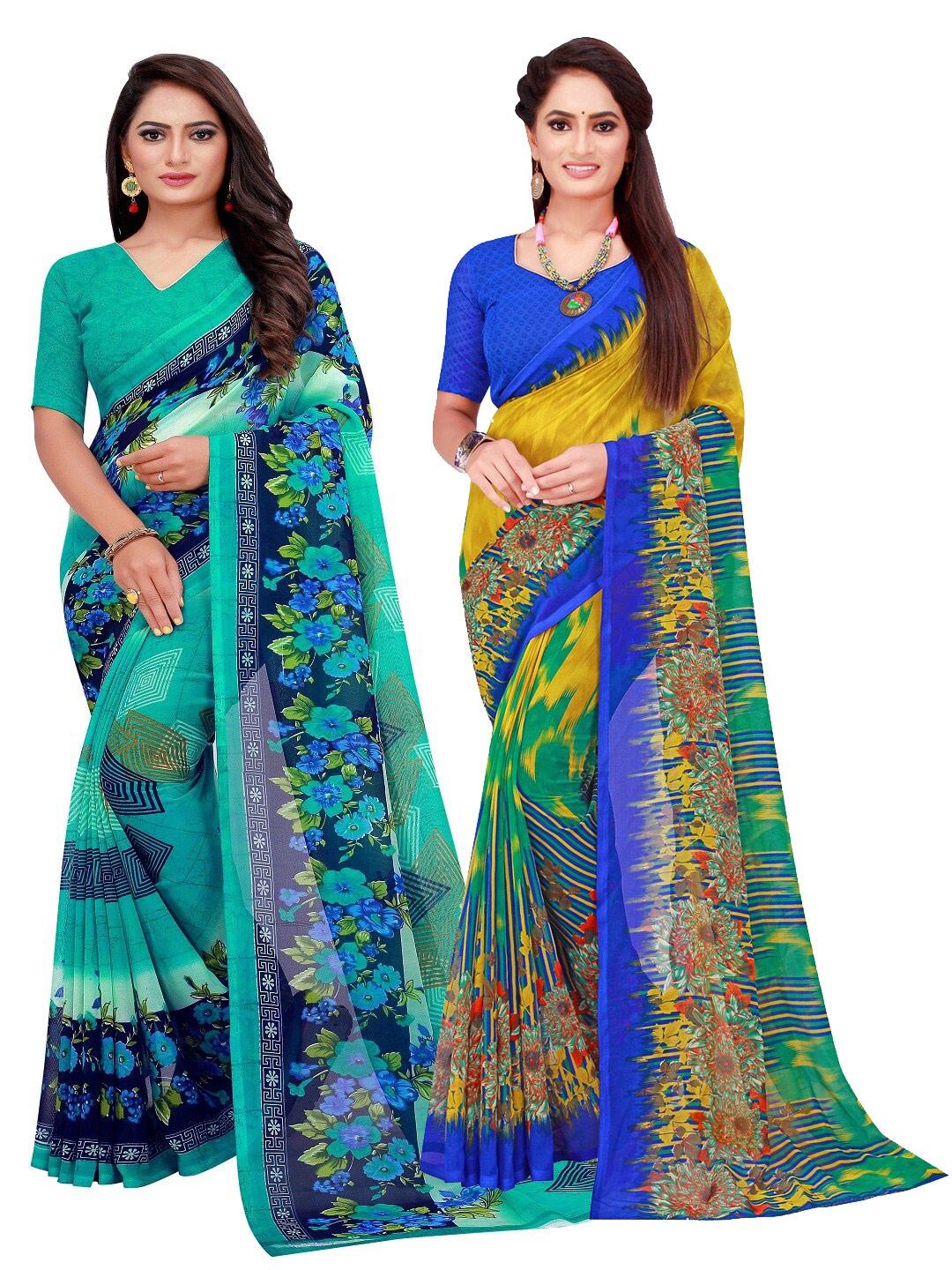 

SAADHVI Pack of 2 Turquoise Blue & Yellow Pure Georgette Saree