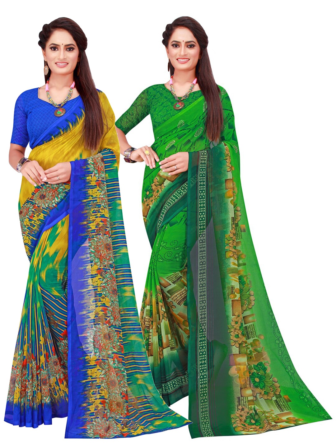 

SAADHVI Pack of 2 Yellow & Green Pure Georgette Saree