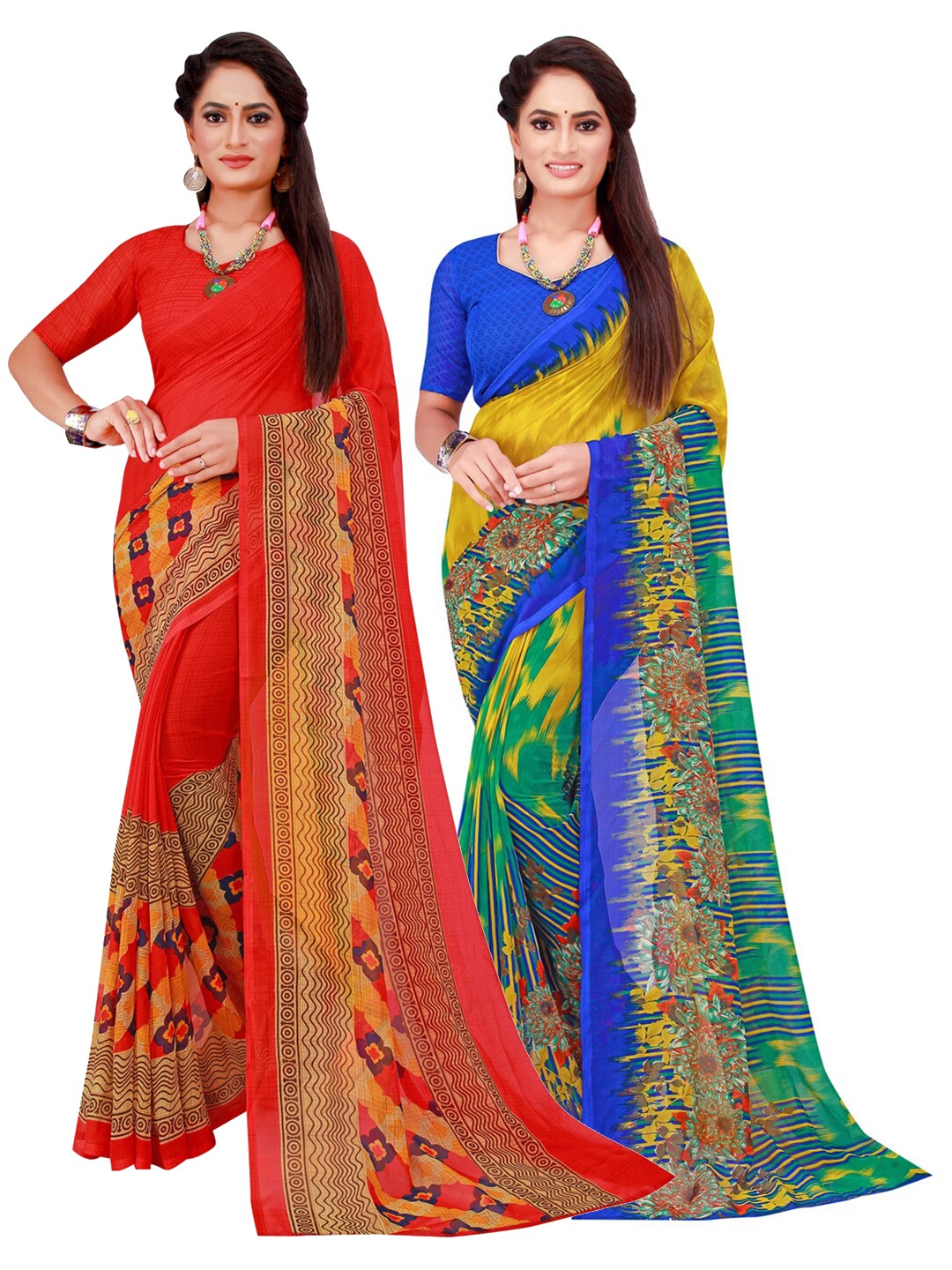 

SAADHVI Pack of 2 Red & Yellow Pure Georgette Saree