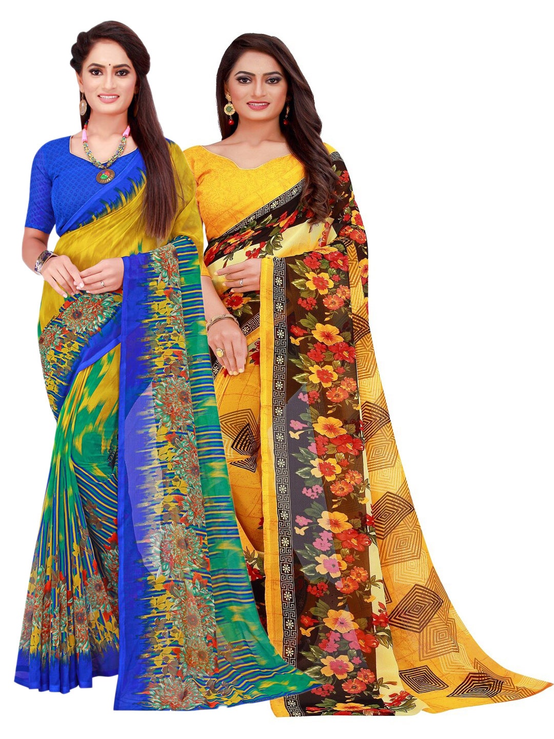 

SAADHVI Pack of 2 Yellow & Mustard Pure Georgette Saree