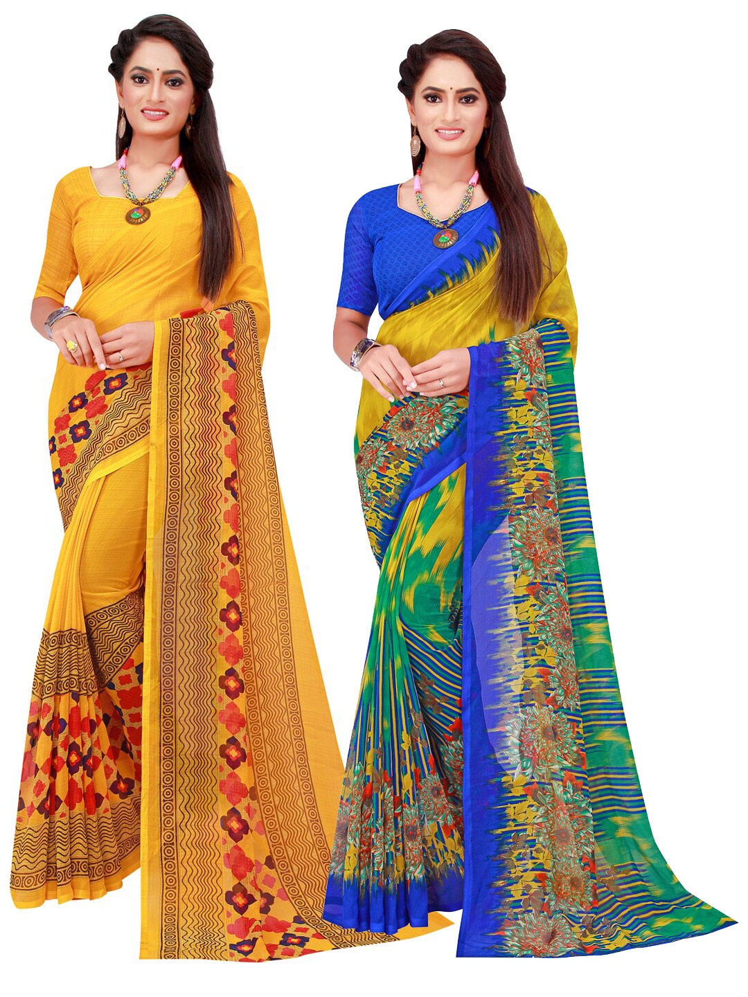 

SAADHVI Pack of 2 Yellow & Mustard Pure Georgette Saree