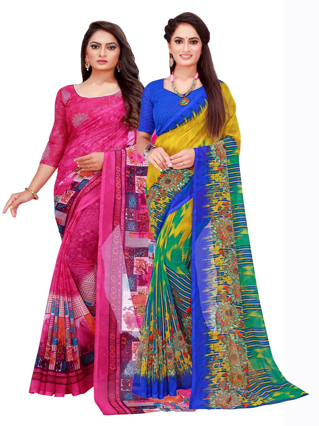 

SAADHVI Pack of 2 Pink & Yellow Pure Georgette Saree