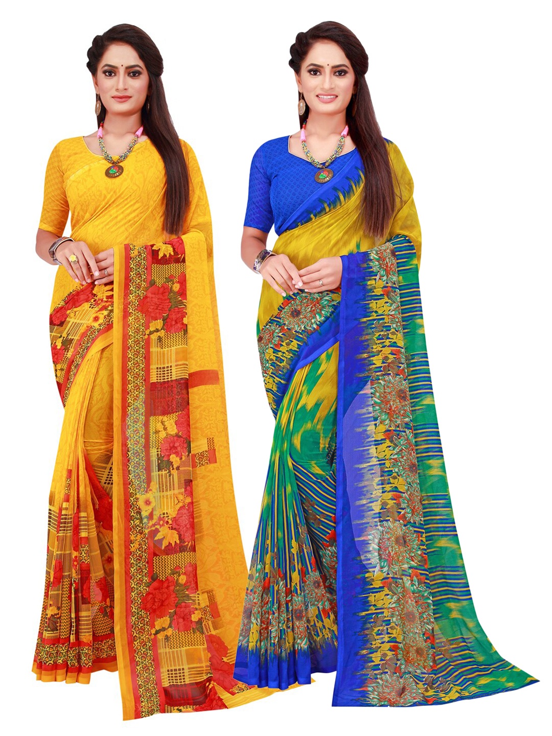 

SAADHVI Set Of 2 Yellow & Blue Floral Pure Georgette Saree