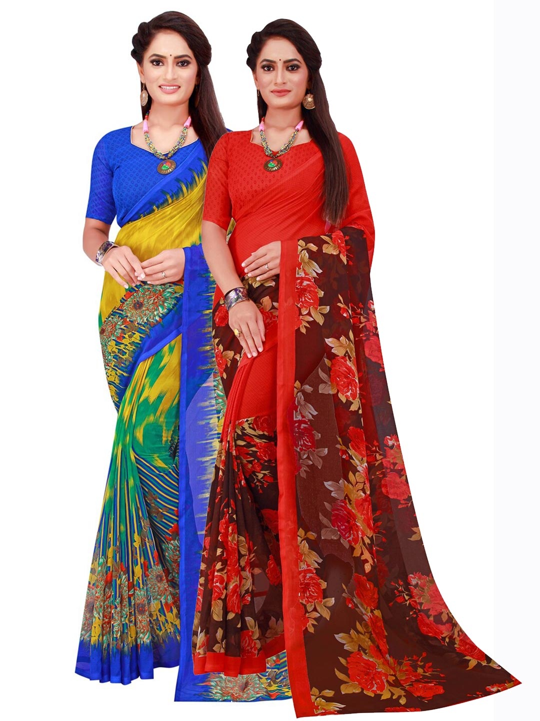 

SAADHVI Pack of 2 Yellow & Red Pure Georgette Saree