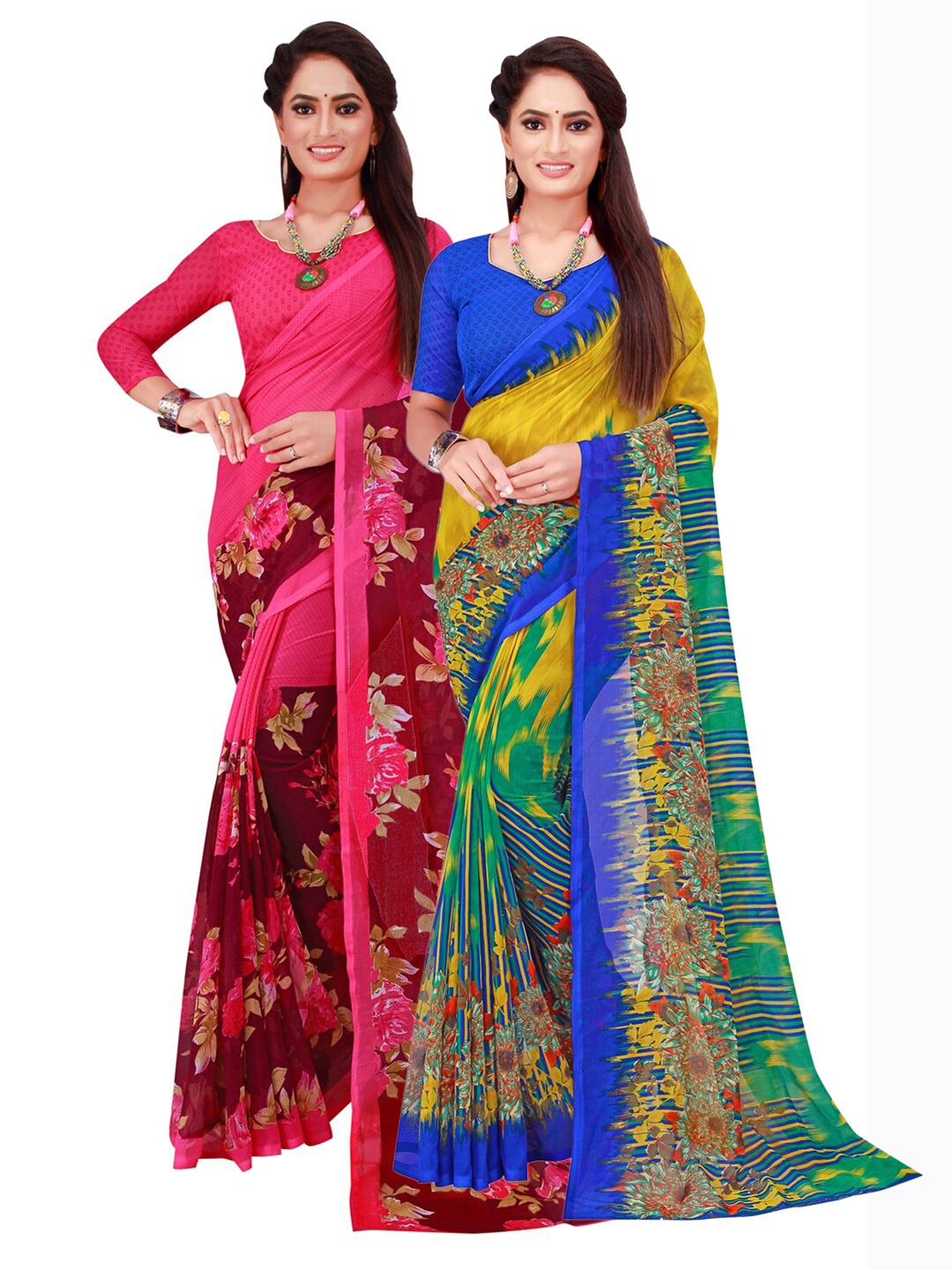 SAADHVI Pack of 2 Pink & Yellow Pure Georgette Saree