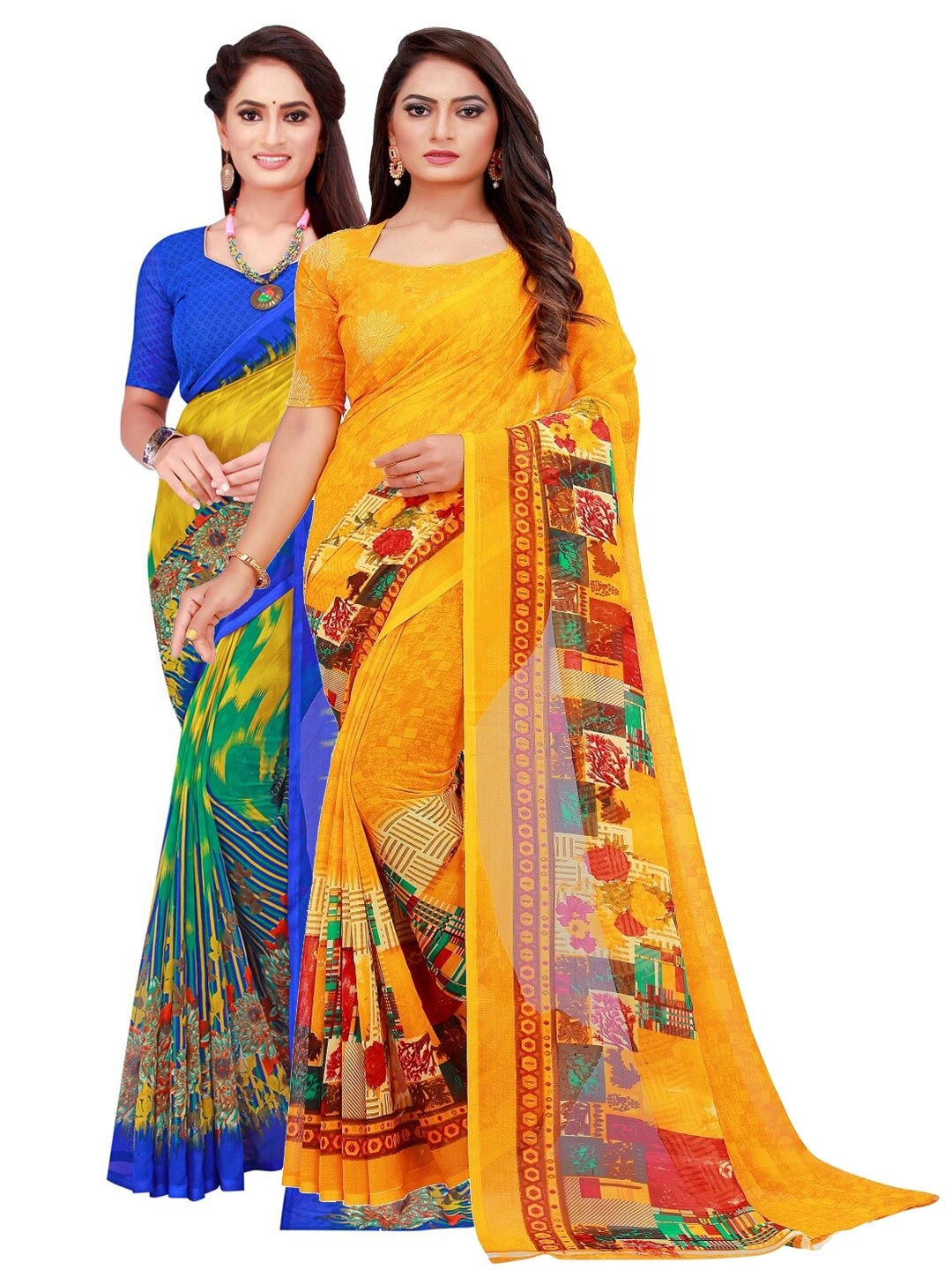 

SAADHVI Pack of 2 Mustard & Yellow Pure Georgette Saree