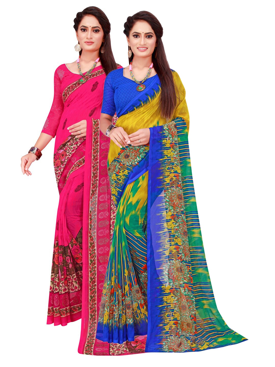 

SAADHVI Pack of 2 Pink & Yellow Pure Georgette Saree