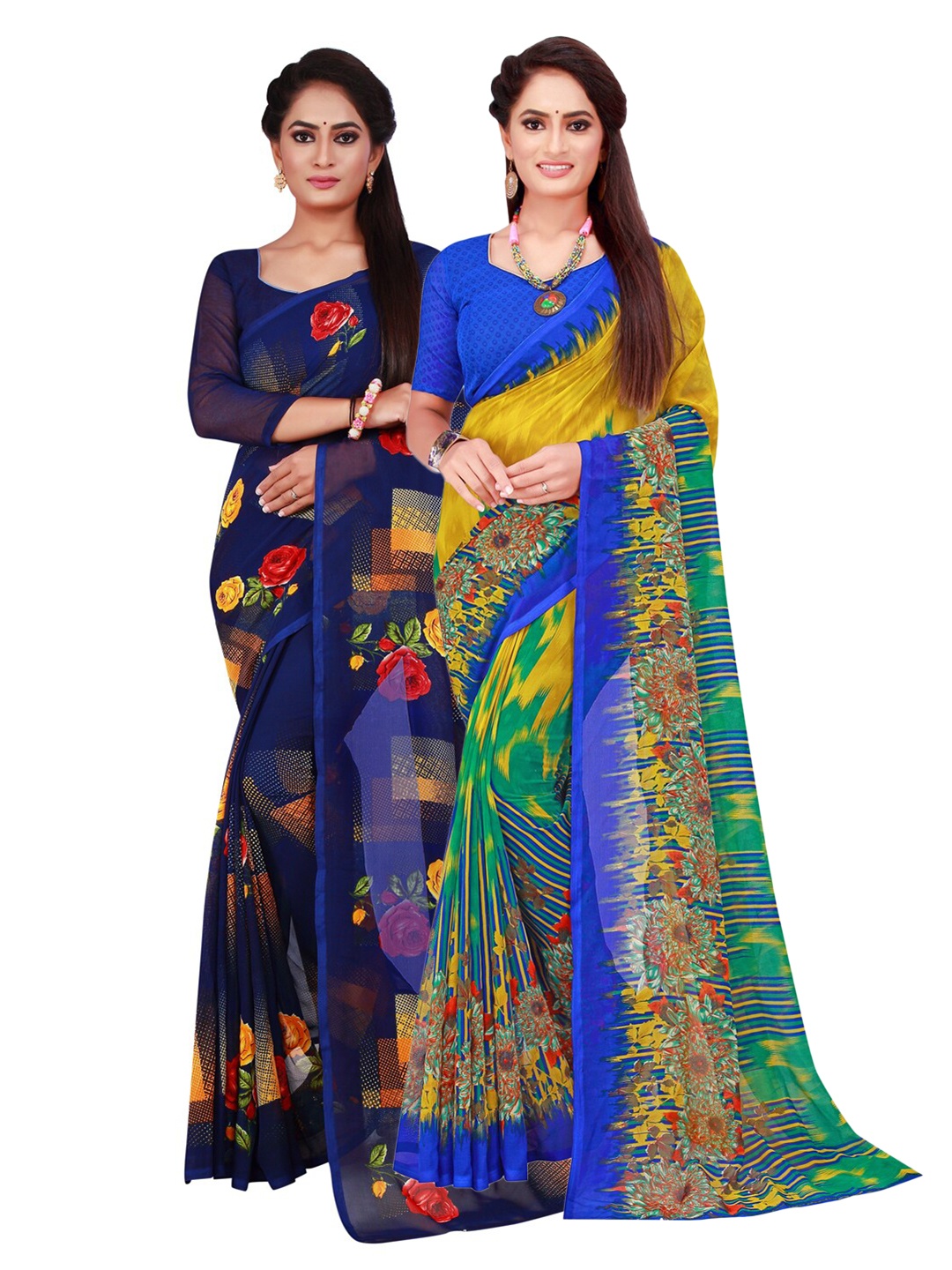 

SAADHVI Pack of 2 Navy Blue & Yellow Pure Georgette Saree