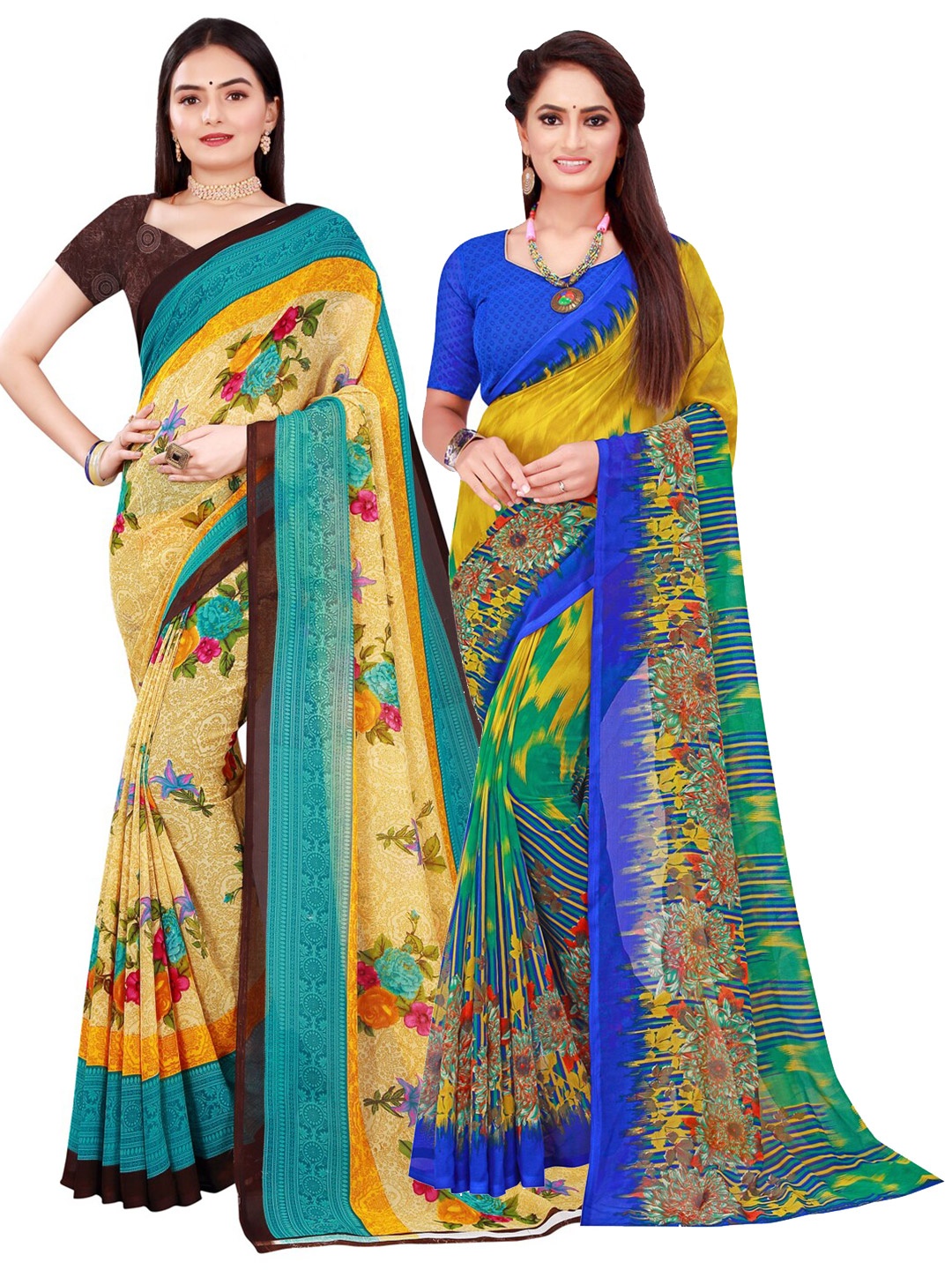 

SAADHVI Pack of 2 Beige & Yellow Pure Georgette Saree